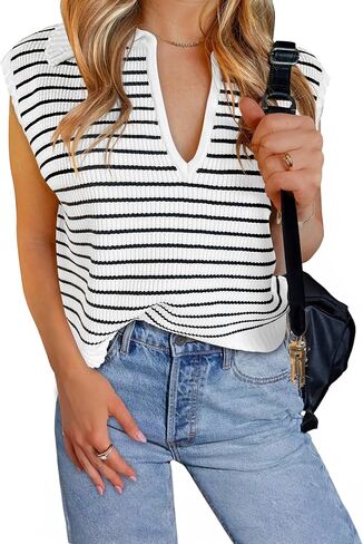 NENONA Women's V Neck Cap Sleeve Summer Sweater Tops 2024 Striped Casual Loose Knit Vest in Saudi Arabia