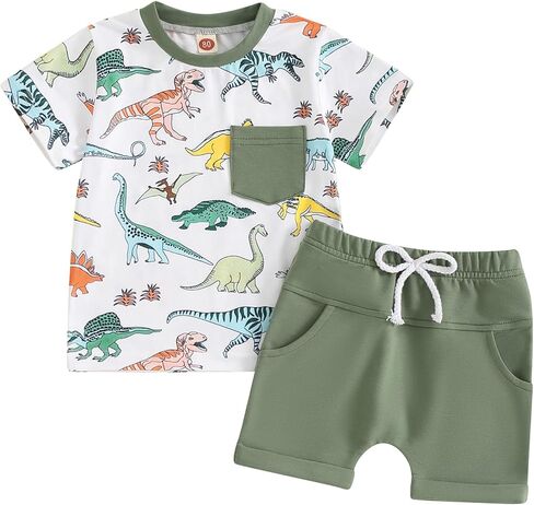 Toddler Baby Boy Summer Outfits Dinosaur Print Short Sleeve T-Shirts Tops and Drawstring Shorts Set Casual Clothes in Saudi Arabia