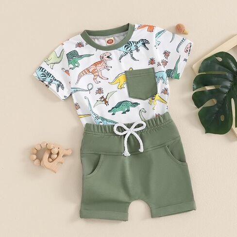 Toddler Baby Boy Summer Outfits Dinosaur Print Short Sleeve T-Shirts Tops and Drawstring Shorts Set Casual Clothes in Saudi Arabia