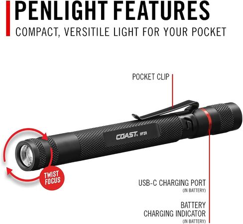 COAST HP3R 500 Lumen Rechargeable LED Penlight with TWIST FOCUS, Black in Saudi Arabia