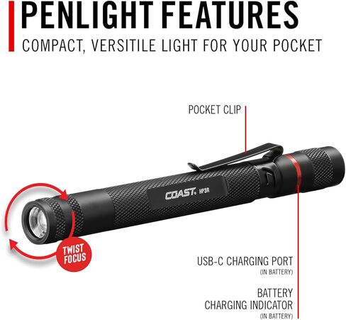 COAST HP3R 500 Lumen Rechargeable LED Penlight with TWIST FOCUS, Black in Saudi Arabia
