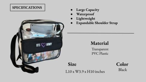 BTS Army stadium, concert approved clear crossbody messenger shoulder bag with adjustable strap, 10 X 10 inches, waterproof, lightweight in Saudi Arabia