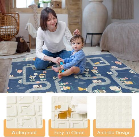 79/''x71/''x0.6/'' Extra Large Waterproof Foldable Baby Floor Play Mat, XPE Foam Playmat for Infants Babies from Newborns to Toddlers, Crawl Walk, Reversible & Portable Elephant Track Pattern in Saudi Arabia