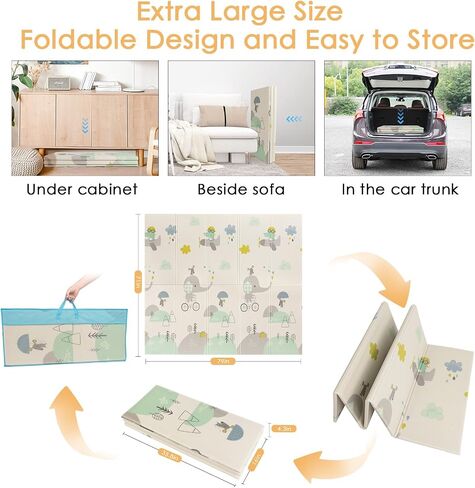 79/''x71/''x0.6/'' Extra Large Waterproof Foldable Baby Floor Play Mat, XPE Foam Playmat for Infants Babies from Newborns to Toddlers, Crawl Walk, Reversible & Portable Elephant Track Pattern in Saudi Arabia