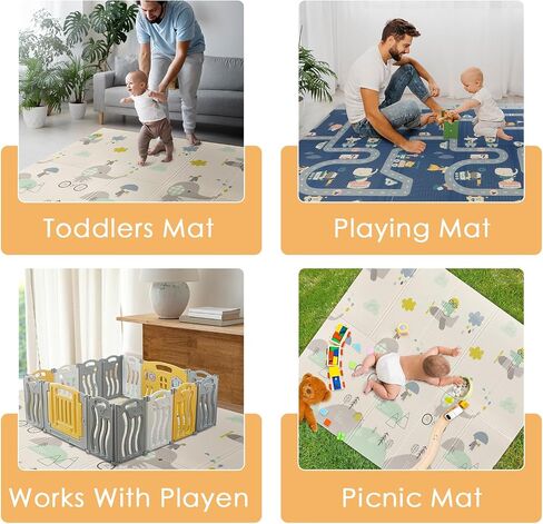 79/''x71/''x0.6/'' Extra Large Waterproof Foldable Baby Floor Play Mat, XPE Foam Playmat for Infants Babies from Newborns to Toddlers, Crawl Walk, Reversible & Portable Elephant Track Pattern in Saudi Arabia