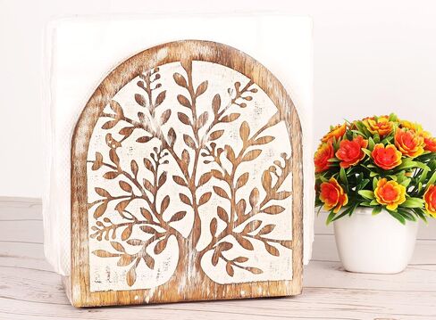 Wooden White Wash Tree of Life Tissue Paper Holder with Full Size Decorative Napkin Stand Tissue Paper Organizer for Home & Kitchen Dining Table Stand in Saudi Arabia