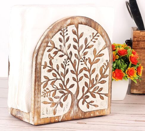 Wooden White Wash Tree of Life Tissue Paper Holder with Full Size Decorative Napkin Stand Tissue Paper Organizer for Home & Kitchen Dining Table Stand in Saudi Arabia