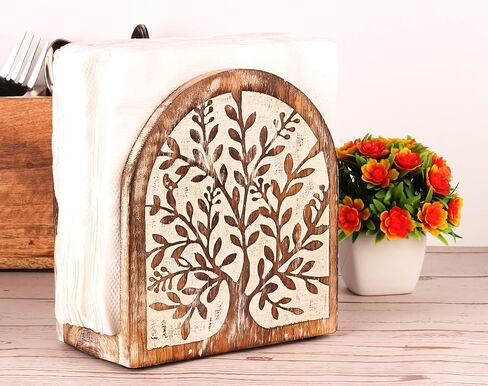 Wooden White Wash Tree of Life Tissue Paper Holder with Full Size Decorative Napkin Stand Tissue Paper Organizer for Home & Kitchen Dining Table Stand in Saudi Arabia