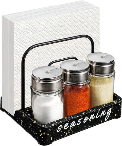 Koluti Rustic Napkin Salt and Pepper Holder, Unbreakable Silent Silicone Bottom, Table Top Friendly, Matte Black Wire Non-slip 2-in-1 Kitchen Countertop Organizer in Kuwait