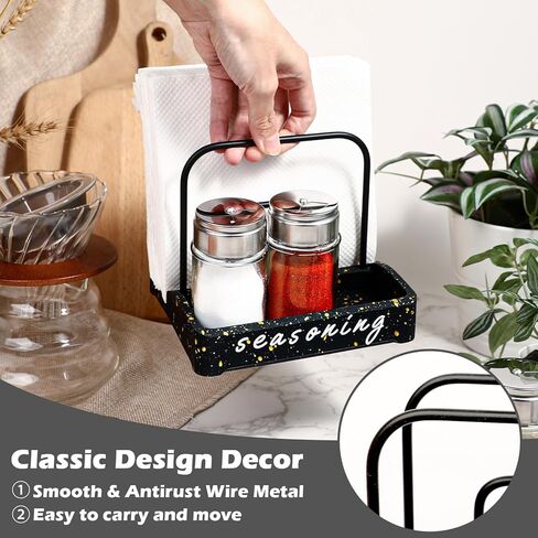 Koluti Rustic Napkin Salt and Pepper Holder, Unbreakable Silent Silicone Bottom, Table Top Friendly, Matte Black Wire Non-slip 2-in-1 Kitchen Countertop Organizer in Kuwait
