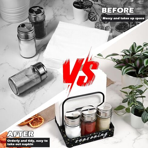 Koluti Rustic Napkin Salt and Pepper Holder, Unbreakable Silent Silicone Bottom, Table Top Friendly, Matte Black Wire Non-slip 2-in-1 Kitchen Countertop Organizer in Kuwait