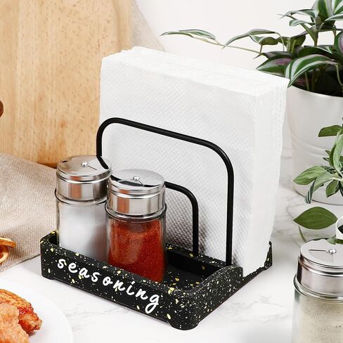 Koluti Rustic Napkin Salt and Pepper Holder, Unbreakable Silent Silicone Bottom, Table Top Friendly, Matte Black Wire Non-slip 2-in-1 Kitchen Countertop Organizer in Kuwait