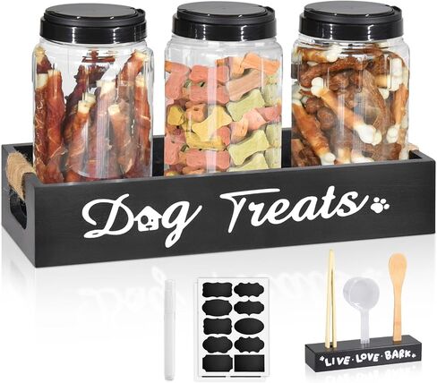 Dog Treat Container, Dog Food Storage Container with 3 Plastic Cat Dog Treat Jars, Farmhouse Cat Food Container, Pet Food Storage Containers for Dog and Cat, Wooden Dog Food Holder, Gift for Pet Owner in Saudi Arabia