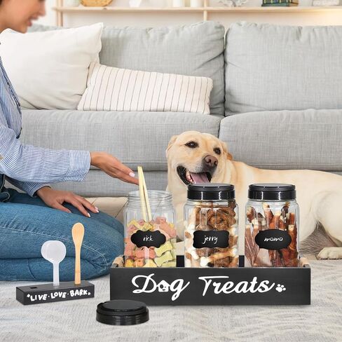 Dog Treat Container, Dog Food Storage Container with 3 Plastic Cat Dog Treat Jars, Farmhouse Cat Food Container, Pet Food Storage Containers for Dog and Cat, Wooden Dog Food Holder, Gift for Pet Owner in Saudi Arabia