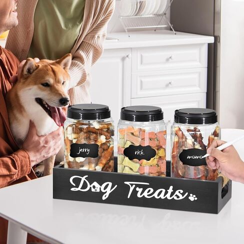 Dog Treat Container, Dog Food Storage Container with 3 Plastic Cat Dog Treat Jars, Farmhouse Cat Food Container, Pet Food Storage Containers for Dog and Cat, Wooden Dog Food Holder, Gift for Pet Owner in Saudi Arabia