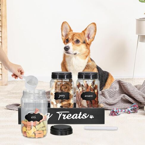 Dog Treat Container, Dog Food Storage Container with 3 Plastic Cat Dog Treat Jars, Farmhouse Cat Food Container, Pet Food Storage Containers for Dog and Cat, Wooden Dog Food Holder, Gift for Pet Owner in Saudi Arabia