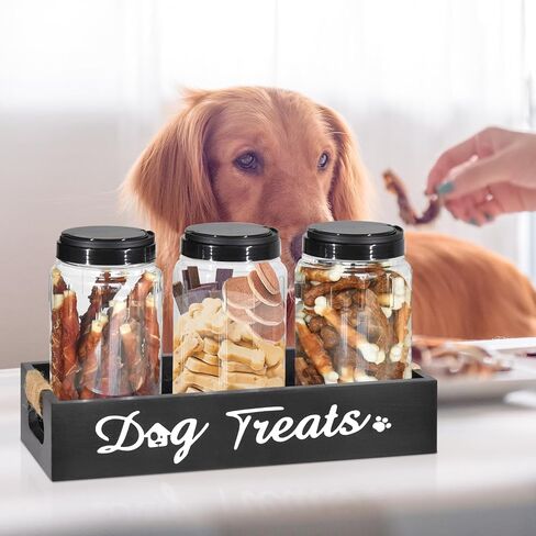Dog Treat Container, Dog Food Storage Container with 3 Plastic Cat Dog Treat Jars, Farmhouse Cat Food Container, Pet Food Storage Containers for Dog and Cat, Wooden Dog Food Holder, Gift for Pet Owner in Saudi Arabia