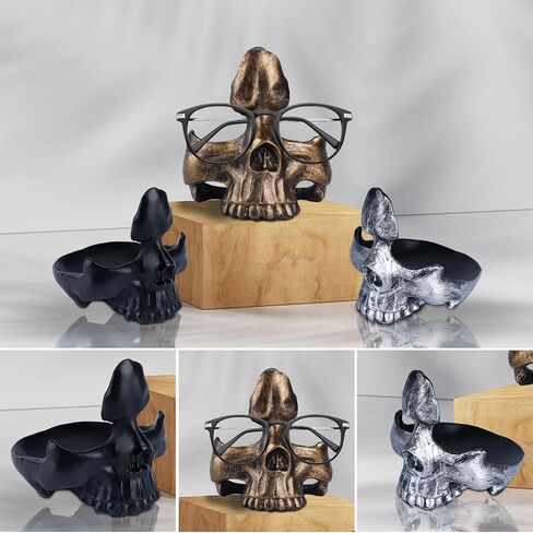 Skull Glasses Holder, Creative Eyeglasses Holder with Storage Tray, Resin Statue Ornament for Spectacle Sunglasses Display Rack for Home, Office, Desk, Nightstand Golden in Saudi Arabia