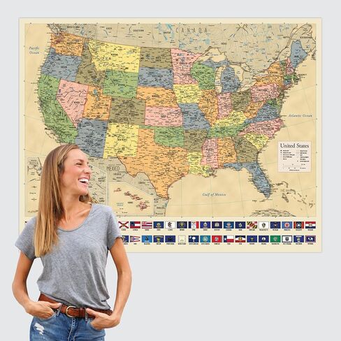 Giant USA Map - Mega Map of the United States of America - US Map Chart - Laminated - 46" x 60" [Yellow] in Saudi Arabia