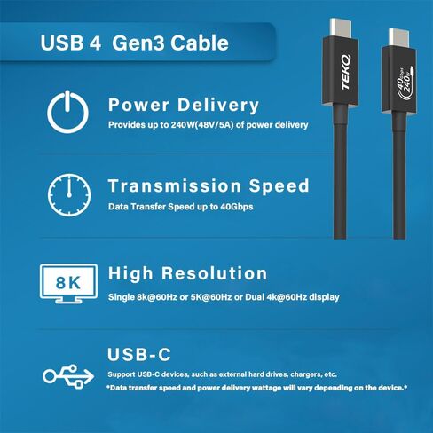 TEKQ [معتمد من Intel] كابل Thunderbolt 3 (2.3 قدم/0.7 متر) (USB-C إلى USB-C)، يدعم شحن 100 وات / نقل بيانات بسرعة 40 جيجابت في الثانية (متوافق مع Thunderbolt 4، USB 4، USB 3.1 الجيل 1 و2)(70 ) in Kuwait