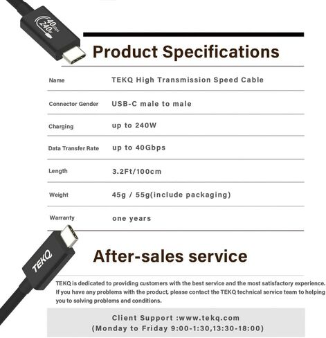 TEKQ [معتمد من Intel] كابل Thunderbolt 3 (2.3 قدم/0.7 متر) (USB-C إلى USB-C)، يدعم شحن 100 وات / نقل بيانات بسرعة 40 جيجابت في الثانية (متوافق مع Thunderbolt 4، USB 4، USB 3.1 الجيل 1 و2)(70 ) in Kuwait