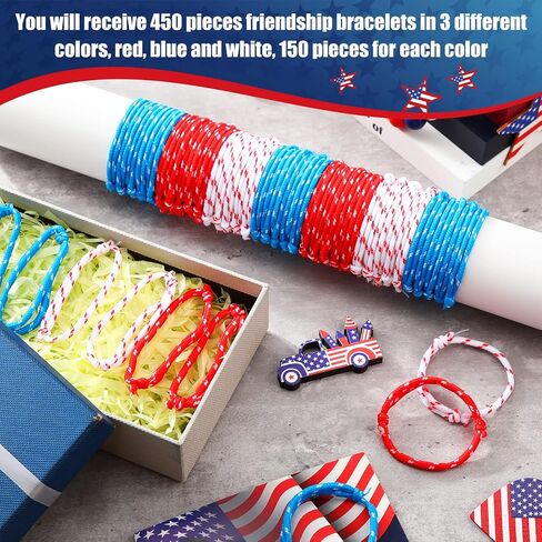 Sureio 450 Pcs Fourth of July Friendship Rope Bracelets Bulk Adjustable Patriotic Rope Bracelets Red White Blue Independence Day for Girls Boy Classroom Prizes Party Favors in Saudi Arabia