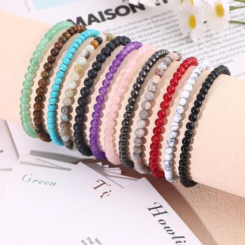 SAMOCO 12Pcs 4mm Healing Stone Beaded Bracelets for Women Men Semi-Precious Gemstones Bracelets Crystal Beaded Bracelet Unisex Adjustable Stretch Bracelets in Saudi Arabia