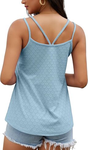 Women Tank Tops Eyelet Sleeveless Camisole Casual Spaghetti Strap Scoop Neck Cami Summer Beach Flowy Shirts in Saudi Arabia
