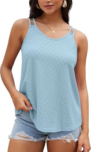 Women Tank Tops Eyelet Sleeveless Camisole Casual Spaghetti Strap Scoop Neck Cami Summer Beach Flowy Shirts in Saudi Arabia