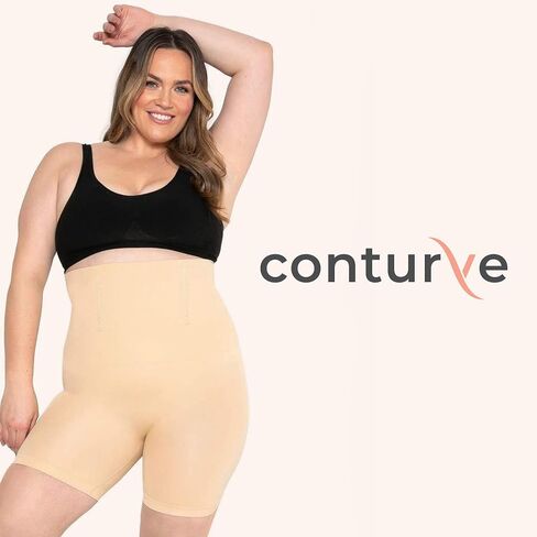 Conturve High Waisted Body Shaper Shorts Shapewear for Women Tummy Control Thigh Slimming with Flexible Boning Technology (Beige, M-L) in Saudi Arabia