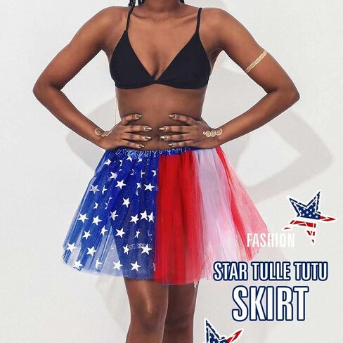 REETAN Women's Tutu Star Tulle Tutu Skirt 4th of July Layered Tutu Skirt Fashion Tutus Costume for Women and Girls in Kuwait