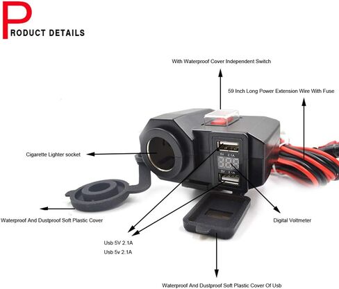 12V Motorcycle Power Outlet USB Port Cell Phone Charger Handlebar Clamp USB Charging Socket,Moto Dual USB Charger Kit Accessories Waterproof with Cigarette Lighter 5V 2.1A + 2.1A for Phones Tablets in Saudi Arabia