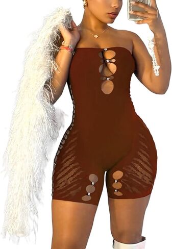 AVZXSA Women's Sexy Hollow Out Seamless Tube Rompers, One Piece Rhinestone Accented Strapless Mesh Bodysuit Jumpsuits in Saudi Arabia