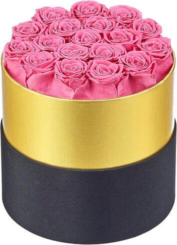 زهور إترفيلد للأبد في صندوق ورود محفوظة تدوم لمدة عام، زهور للتوصيل، هدايا أساسية لعيد أمهاتها، عيد الحب (صندوق ذهبي أسود مستدير، 18 وردة وردية) in Kuwait