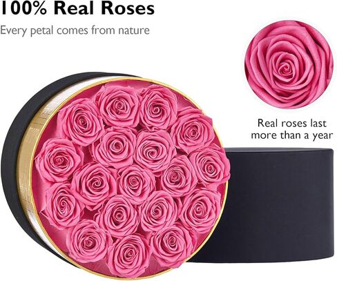 زهور إترفيلد للأبد في صندوق ورود محفوظة تدوم لمدة عام، زهور للتوصيل، هدايا أساسية لعيد أمهاتها، عيد الحب (صندوق ذهبي أسود مستدير، 18 وردة وردية) in Kuwait