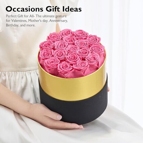 زهور إترفيلد للأبد في صندوق ورود محفوظة تدوم لمدة عام، زهور للتوصيل، هدايا أساسية لعيد أمهاتها، عيد الحب (صندوق ذهبي أسود مستدير، 18 وردة وردية) in Kuwait