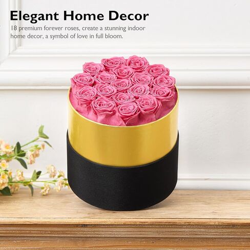 زهور إترفيلد للأبد في صندوق ورود محفوظة تدوم لمدة عام، زهور للتوصيل، هدايا أساسية لعيد أمهاتها، عيد الحب (صندوق ذهبي أسود مستدير، 18 وردة وردية) in Kuwait