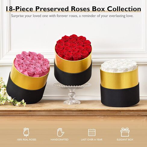 زهور إترفيلد للأبد في صندوق ورود محفوظة تدوم لمدة عام، زهور للتوصيل، هدايا أساسية لعيد أمهاتها، عيد الحب (صندوق ذهبي أسود مستدير، 18 وردة وردية) in Kuwait