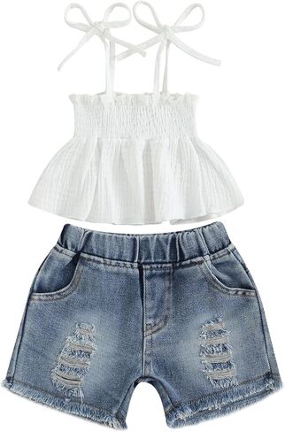 طفل أطفال طفلة تي شيرت علوي الدينيم شورت جينز مجموعة التعادل متابعة مطوي بروتيل ممزق الصيف 2 قطعة الزي in Kuwait