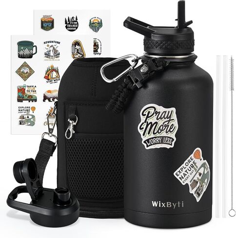 64 oz Insulated Water Bottle with Straw, Stainless Steel Sports Water Jug, Triple Wall Vacuum Cold for 48 Hrs, Leakproof Hydro Cup Flask with Paracord Handle & Straw Spout Lids & DIY Stickers in Saudi Arabia