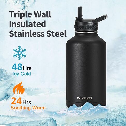 64 oz Insulated Water Bottle with Straw, Stainless Steel Sports Water Jug, Triple Wall Vacuum Cold for 48 Hrs, Leakproof Hydro Cup Flask with Paracord Handle & Straw Spout Lids & DIY Stickers in Saudi Arabia