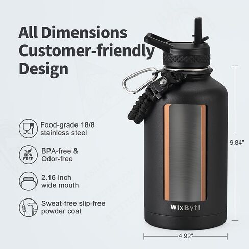 64 oz Insulated Water Bottle with Straw, Stainless Steel Sports Water Jug, Triple Wall Vacuum Cold for 48 Hrs, Leakproof Hydro Cup Flask with Paracord Handle & Straw Spout Lids & DIY Stickers in Saudi Arabia
