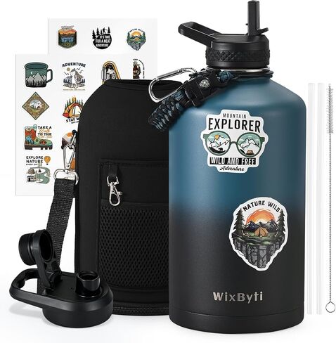 64 oz Insulated Water Bottle with Straw, Stainless Steel Sports Water Jug, Triple Wall Vacuum Cold for 48 Hrs, Leakproof Hydro Cup Flask with Paracord Handle & Straw Spout Lids & DIY Stickers in Saudi Arabia