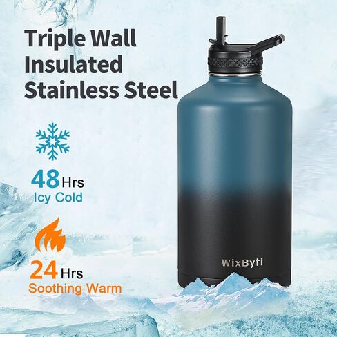 64 oz Insulated Water Bottle with Straw, Stainless Steel Sports Water Jug, Triple Wall Vacuum Cold for 48 Hrs, Leakproof Hydro Cup Flask with Paracord Handle & Straw Spout Lids & DIY Stickers in Saudi Arabia