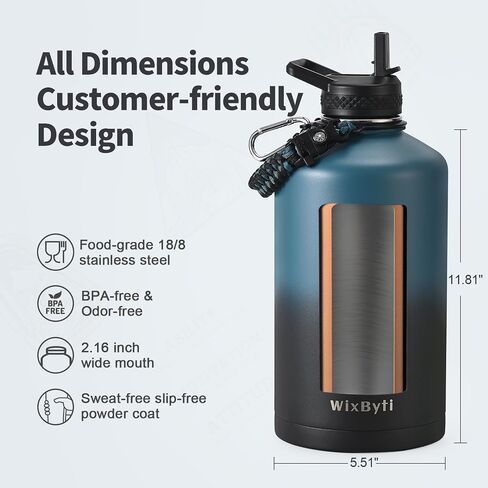 64 oz Insulated Water Bottle with Straw, Stainless Steel Sports Water Jug, Triple Wall Vacuum Cold for 48 Hrs, Leakproof Hydro Cup Flask with Paracord Handle & Straw Spout Lids & DIY Stickers in Saudi Arabia