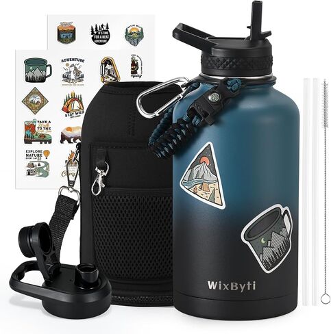 64 oz Insulated Water Bottle with Straw, Stainless Steel Sports Water Jug, Triple Wall Vacuum Cold for 48 Hrs, Leakproof Hydro Cup Flask with Paracord Handle & Straw Spout Lids & DIY Stickers in Saudi Arabia