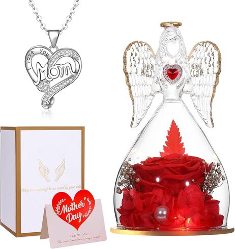 Tiaronics Mothers Day Mom Gifts Angel Gifts Real Rose in Angel Figurines with LED Light and Mom Necklace Aniversary Gifts for Mom Women, Preserved Forever Real Rose Gifts for Her - Red in Saudi Arabia