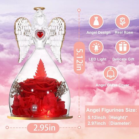 Tiaronics Mothers Day Mom Gifts Angel Gifts Real Rose in Angel Figurines with LED Light and Mom Necklace Aniversary Gifts for Mom Women, Preserved Forever Real Rose Gifts for Her - Red in Saudi Arabia