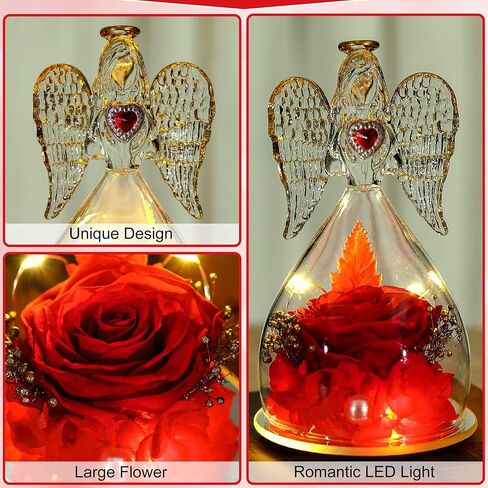 Tiaronics Mothers Day Mom Gifts Angel Gifts Real Rose in Angel Figurines with LED Light and Mom Necklace Aniversary Gifts for Mom Women, Preserved Forever Real Rose Gifts for Her - Red in Saudi Arabia