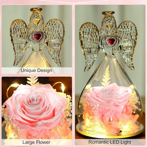 هدايا عيد الأم من تيارونيكس، هدايا الملاك، وردة حقيقية في تماثيل الملاك مع ضوء LED وقلادة أمي، هدايا الذكرى السنوية للأمهات، هدايا الورد الحقيقية المحفوظة إلى الأبد لها - أحمر in Kuwait